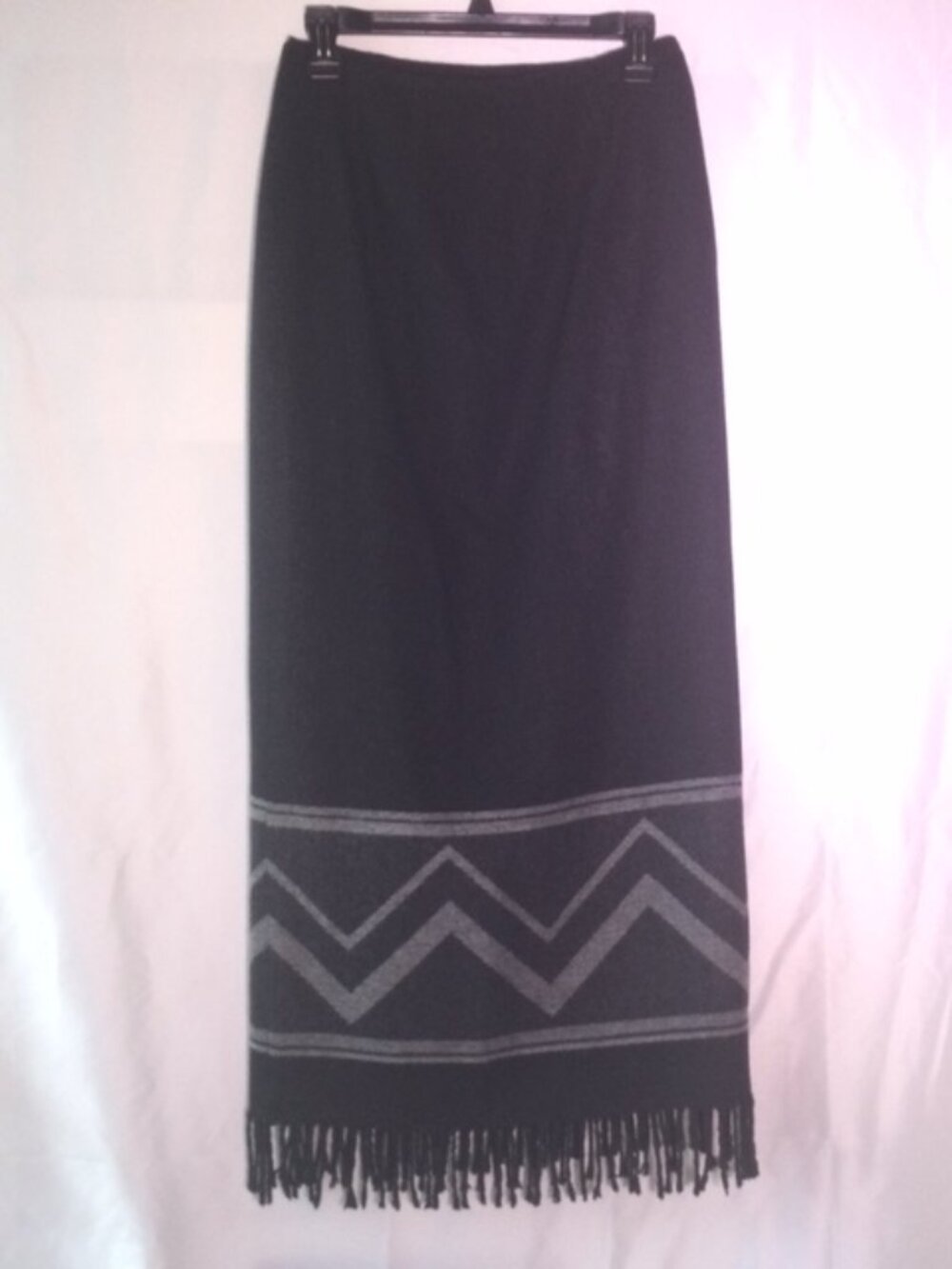 Nine & Company Wool Blend Fringe Maxi Skirt Black Gray Geometric Chevron Size 4